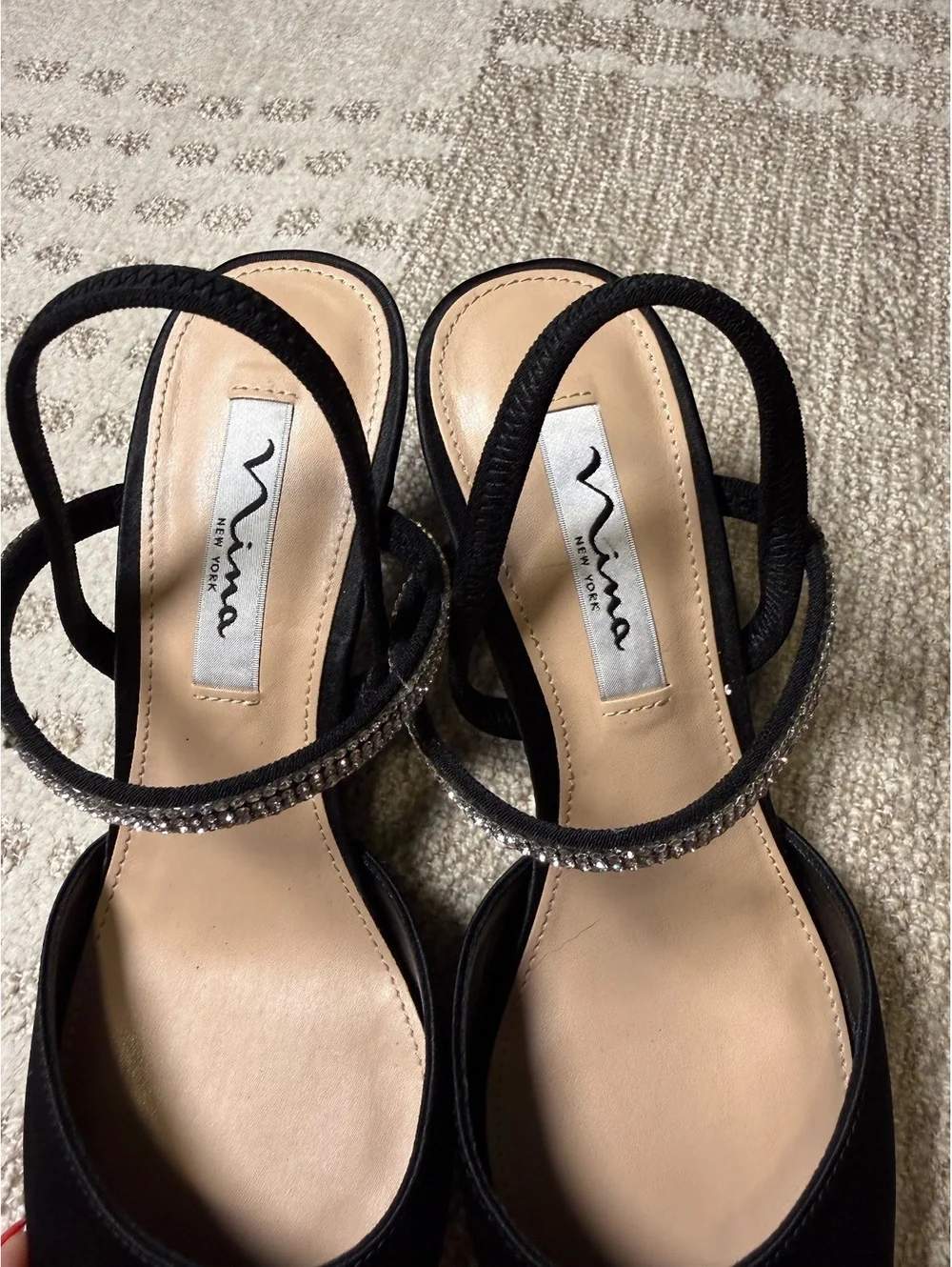 Nina New York Black Satin Slingback Heels with Rhinestone Strap